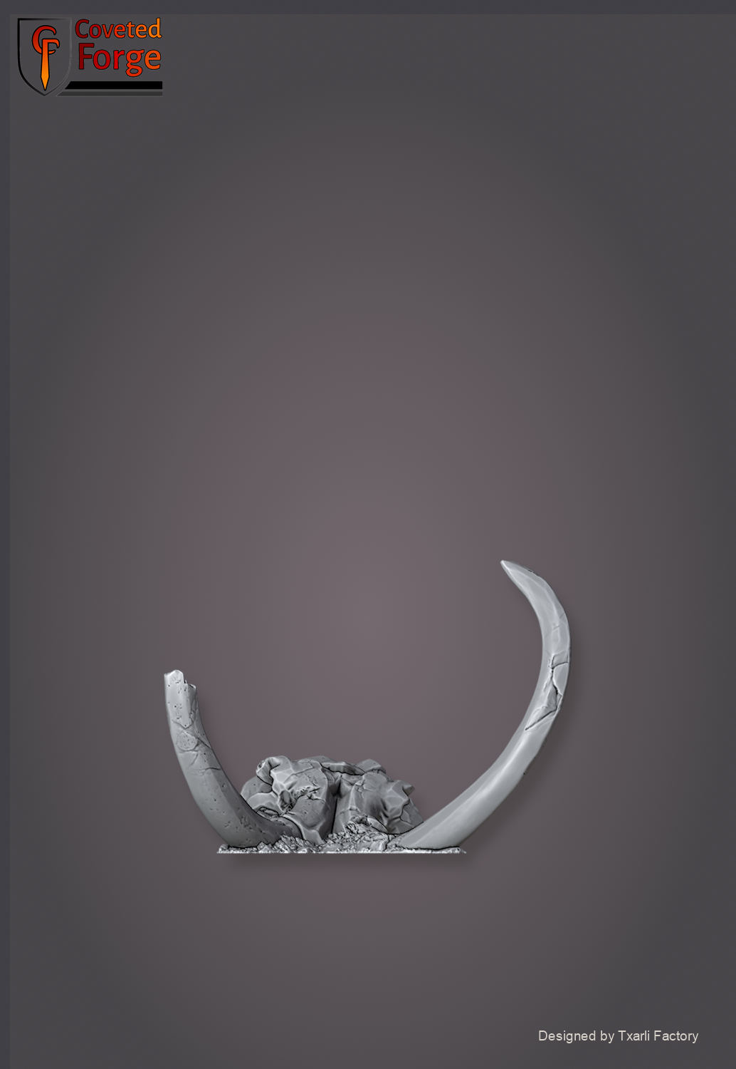 Dead giant mammoth skull, second pose with tusk, Txarli Factory scatter terrain.