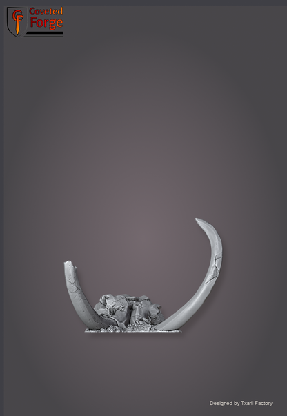 Dead giant mammoth skull, second pose with tusk, Txarli Factory scatter terrain.
