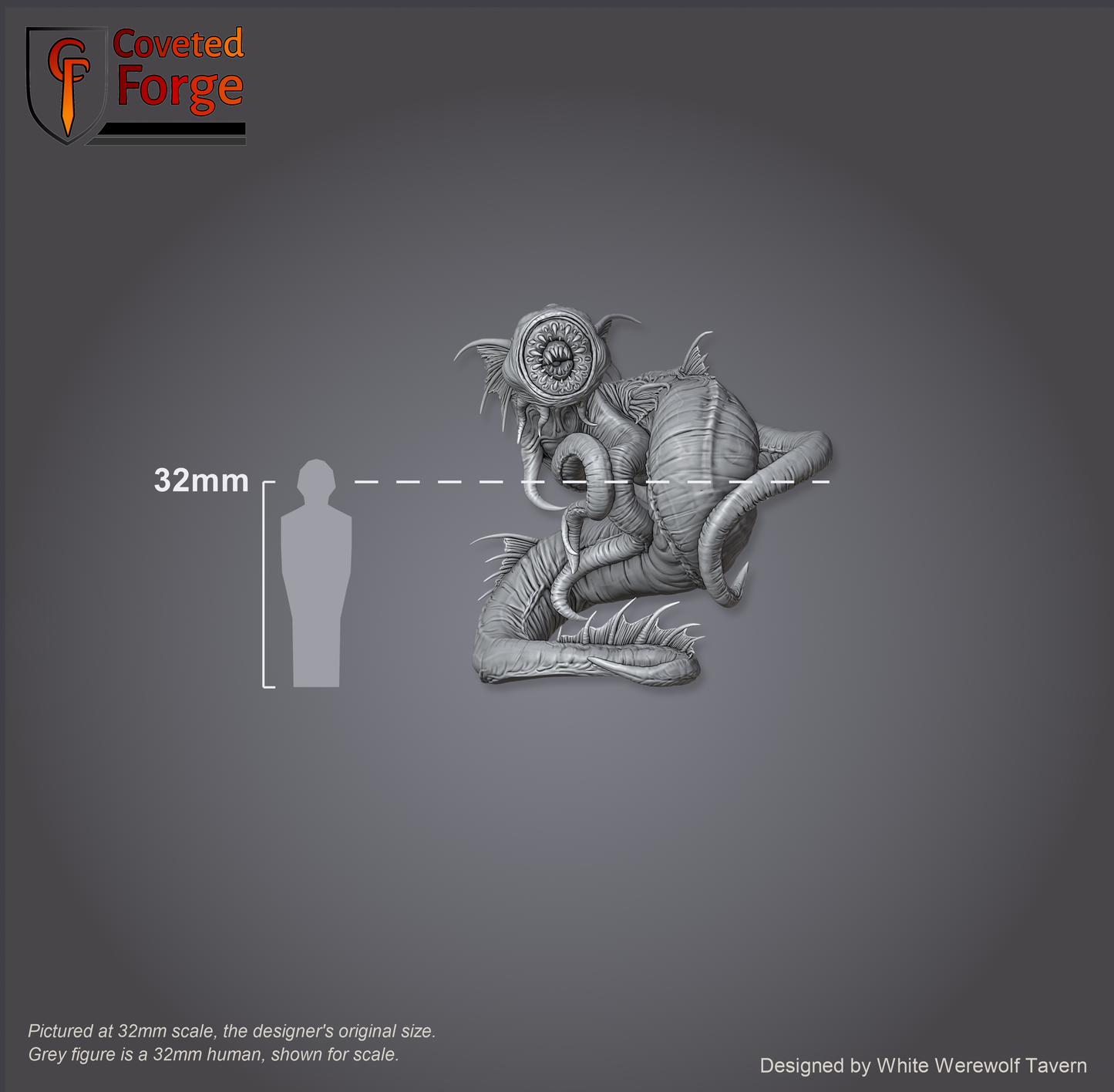 Scale reference: Abyssal Tyrant at 32mm scale beside a 32mm human silhouette