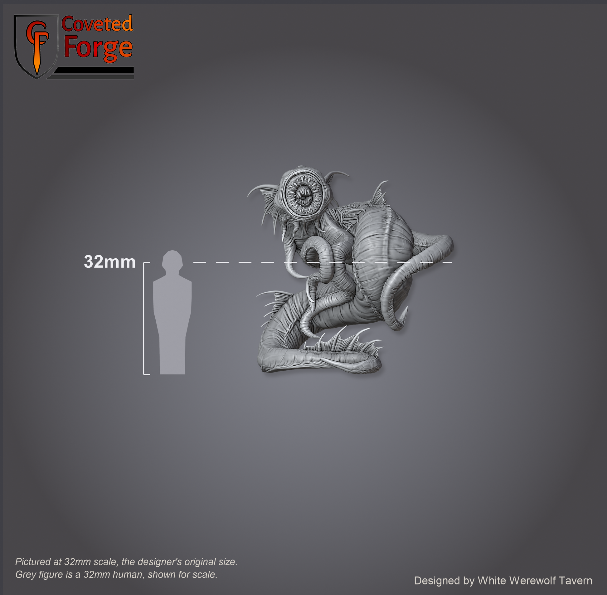 Scale reference: Abyssal Tyrant at 32mm scale beside a 32mm human silhouette