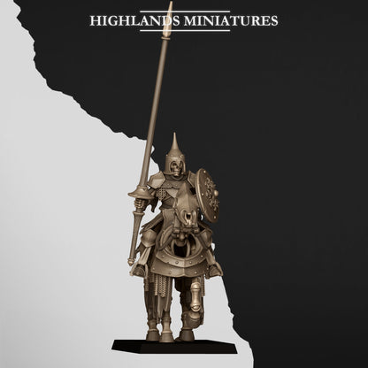 Knight 1: Undead Dark Knight with lance raised and round shield on a barded skeletal horse, front view; Highlands Miniatures render of the October 2026 updated release