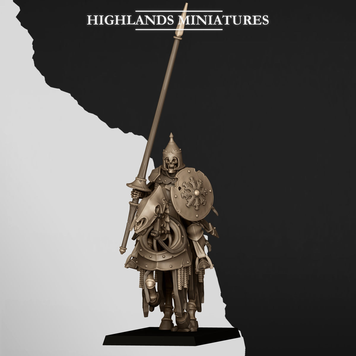Knight 2: Undead Dark Knight with lance raised and round shield on a barded skeletal horse, three-quarter view; Highlands Miniatures render of the October 2026 updated release