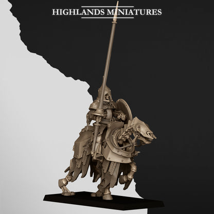 Knight 3: Undead Dark Knight with lance raised on a galloping barded skeletal horse; Highlands Miniatures render of the October 2026 updated release
