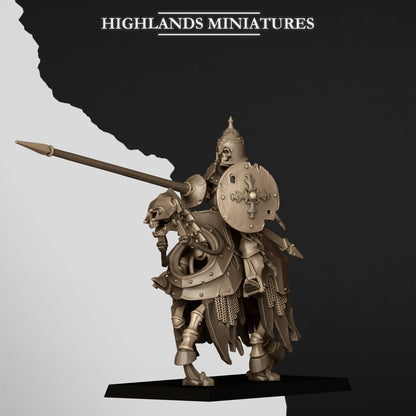 Knight 4: Undead Dark Knight with lance lowered and round shield on a barded skeletal horse; Highlands Miniatures render of the October 2026 updated release