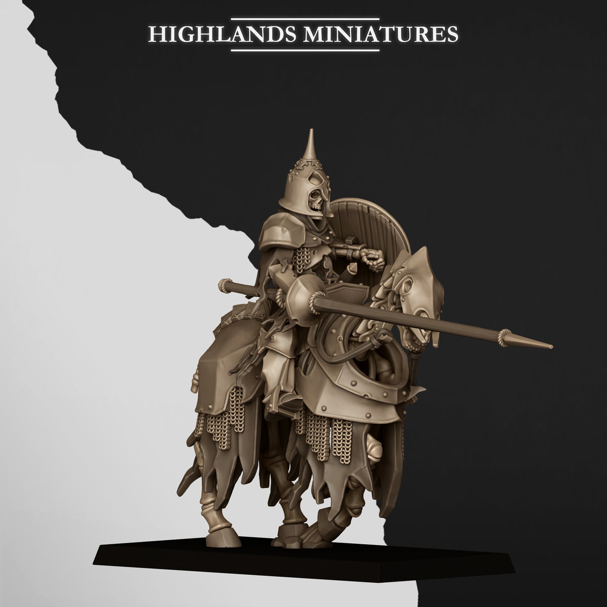 Knight 5: Undead Dark Knight with couched lance on a barded skeletal horse; Highlands Miniatures render of the October 2026 updated release
