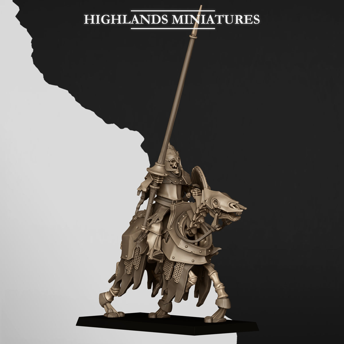 Knight 6: Undead Dark Knight with lance raised on a galloping barded skeletal horse, side view; Highlands Miniatures render of the October 2026 updated release