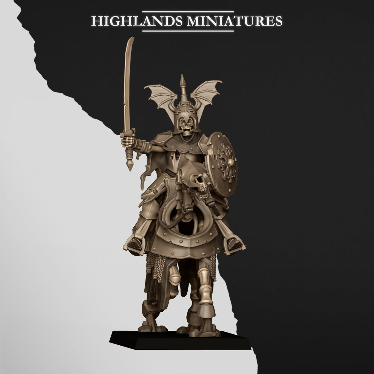 Captain: Undead Dark Knight Captain with a raised sword, bat-winged helm and shield on a barded skeletal horse, part of the Command Group; Highlands Miniatures render of the October 2026 updated release