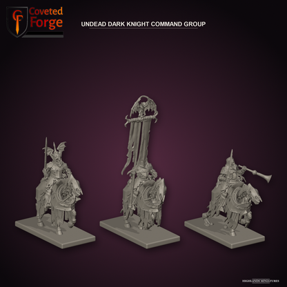 Coveted Forge render of the Undead Dark Knight Command Group together, each on a plain 30 x 60 mm cavalry base: the Captain with a raised sword, the Standard Bearer with the bat-crowned banner and the Musician with a war horn, seated on barded skeletal horses, three-quarter view; Highlands Miniatures design, October 2026 release