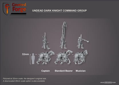 Coveted Forge scale reference: Undead Dark Knight Command Group, labelled Captain, Standard Bearer and Musician; the Full Command includes every model. Each rider is floated above its barded horse to show the two separate pieces, three-quarter side view, beside a 32mm human silhouette; pictured at 32mm, the original scale, a downscaled 28mm option is also available