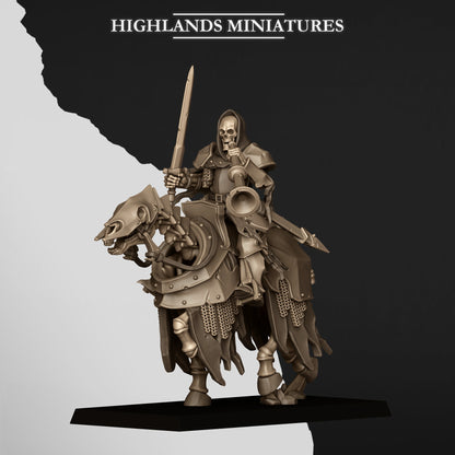Musician: Undead Dark Knight Musician blowing a horn, sword in hand, on a barded skeletal horse, part of the Command Group; Highlands Miniatures render of the October 2026 updated release