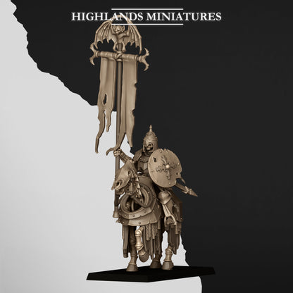 Standard Bearer: Undead Dark Knight carrying the bat-crowned banner on a barded skeletal horse; Highlands Miniatures render of the October 2026 updated release