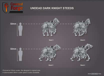 Coveted Forge scale reference: Undead Dark Knight Steeds, labelled Steed 1, Steed 2, Steed 3 and Steed 4; the Complete Set includes every model. Three-quarter side view, beside a 32mm human silhouette; pictured at 32mm, the original scale, a downscaled 28mm option is also available