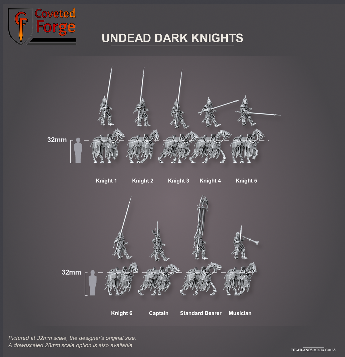 Coveted Forge scale reference: Undead Dark Knights, labelled Knight 1, Knight 2, Knight 3, Knight 4, Knight 5, Knight 6, Captain, Standard Bearer and Musician; the Complete Set includes every model; Full Command and w/ Command packs include the three command riders. Each rider floated above its horse (two pieces), three-quarter side view, beside a 32mm human silhouette; pictured at 32mm, the original scale, a downscaled 28mm option is also available