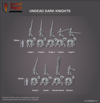 Coveted Forge scale reference: Undead Dark Knights, labelled Knight 1, Knight 2, Knight 3, Knight 4, Knight 5, Knight 6, Captain, Standard Bearer and Musician; the Complete Set includes every model; Full Command and w/ Command packs include the three command riders. Each rider floated above its horse (two pieces), three-quarter side view, beside a 32mm human silhouette; pictured at 32mm, the original scale, a downscaled 28mm option is also available