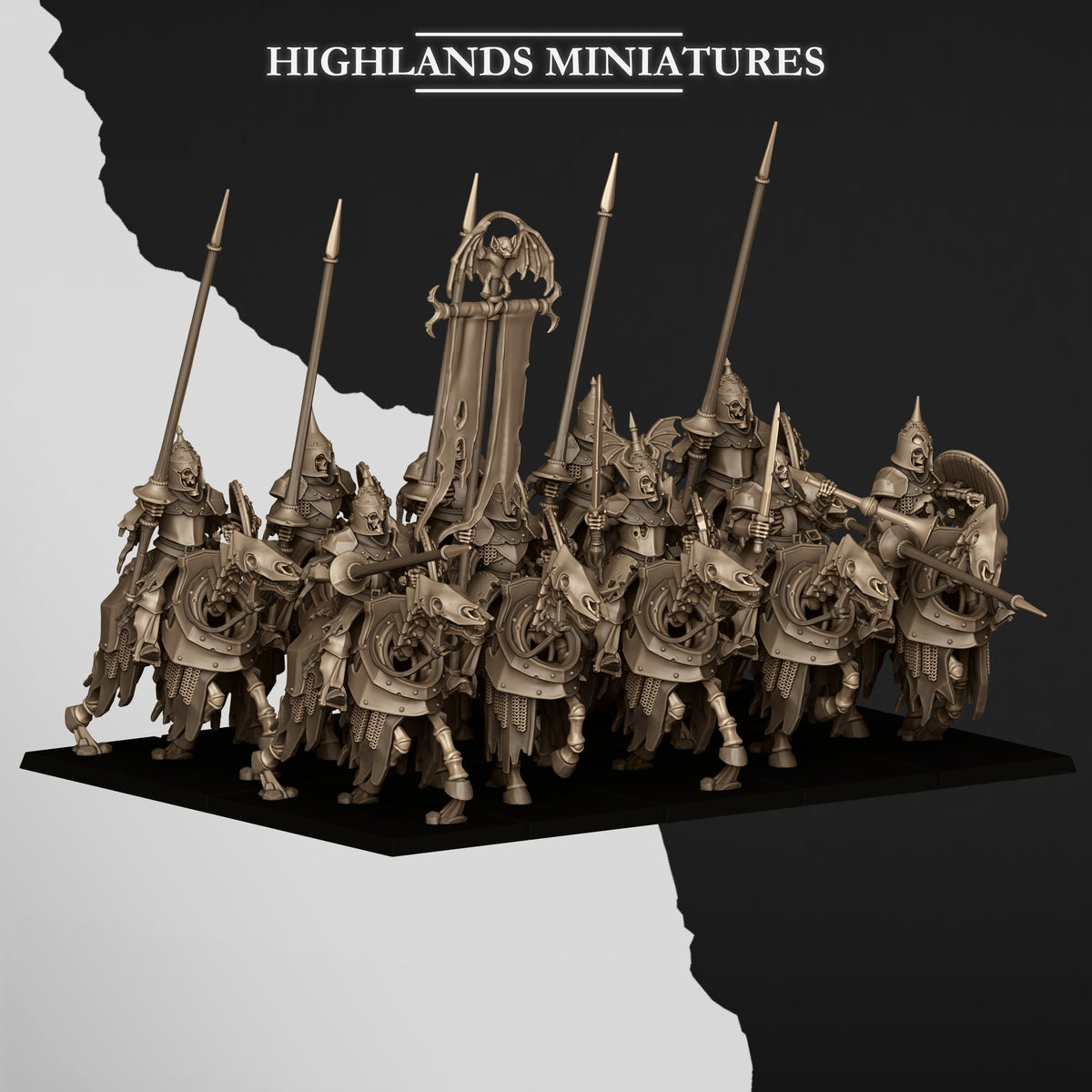 Undead Dark Knights unit with Captain, Standard Bearer and Musician, three-quarter view; Highlands Miniatures render of the October 2026 updated release