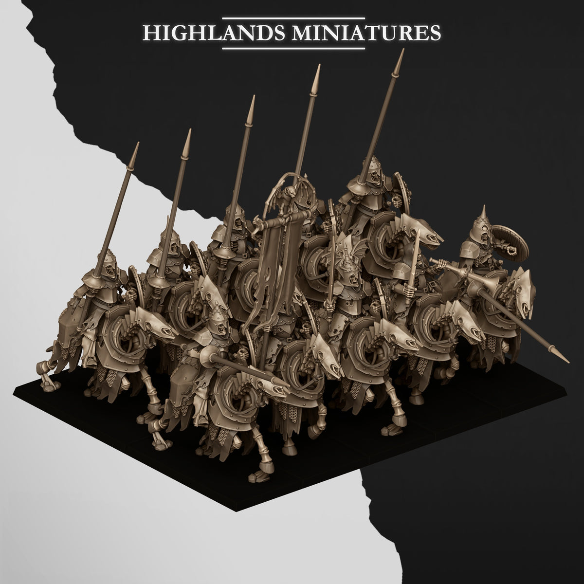 Undead Dark Knights unit ranked up on a movement tray, high three-quarter view; Highlands Miniatures render of the October 2026 updated release