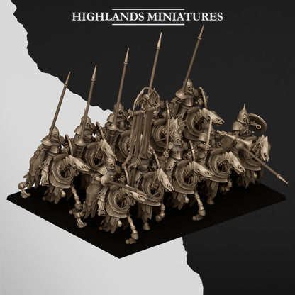 Undead Dark Knights unit ranked up on a movement tray, high three-quarter view; Highlands Miniatures render of the October 2026 updated release