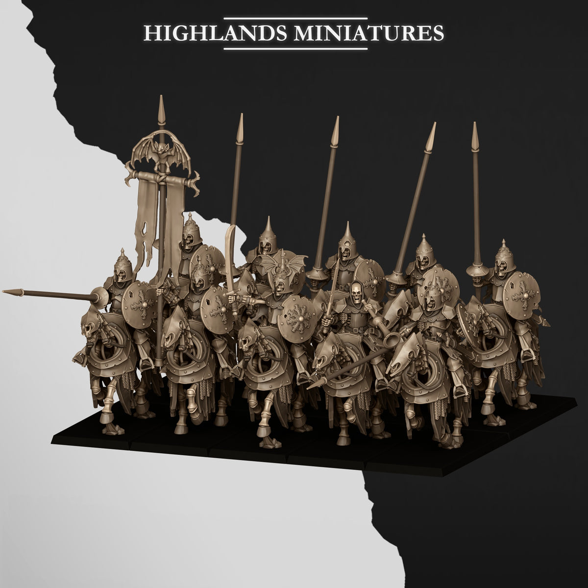 Undead Dark Knights unit charging with lances lowered, front three-quarter view; Highlands Miniatures render of the October 2026 updated release