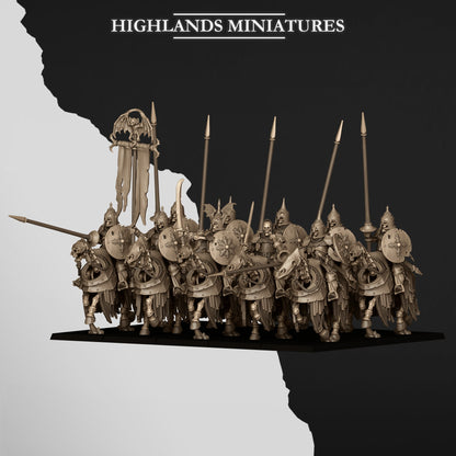 Undead Dark Knights unit in a wide charging rank, side three-quarter view; Highlands Miniatures render of the October 2026 updated release