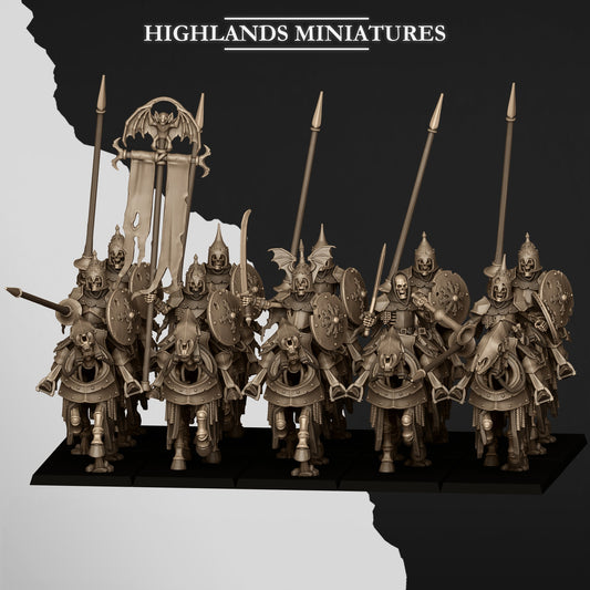 Undead Dark Knights unit charging in ranks behind the bat-winged banner, lances raised, on barded skeletal horses, front view; Highlands Miniatures render of the October 2026 updated release