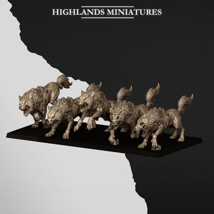 Undead Wolves, all five sculpts, front three-quarter view, Highlands Miniatures render