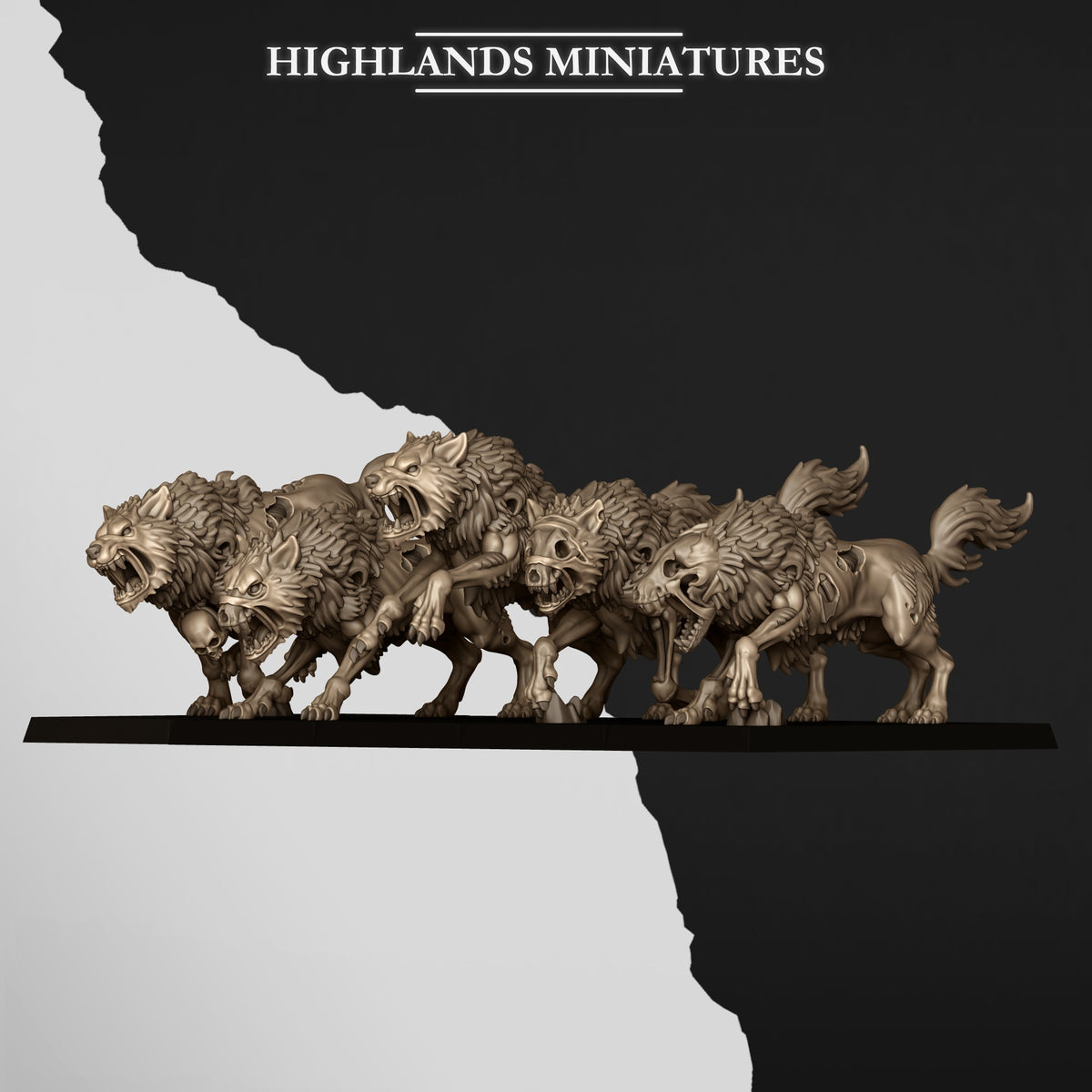 Undead Wolves, all five sculpts, front view, Highlands Miniatures render