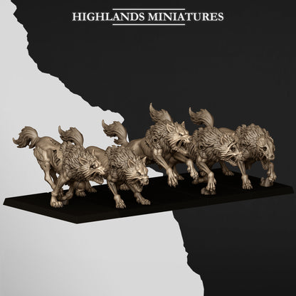 Undead Wolves, the five rotting dire wolf sculpts ranked up, three-quarter view, resin miniatures by Highlands Miniatures