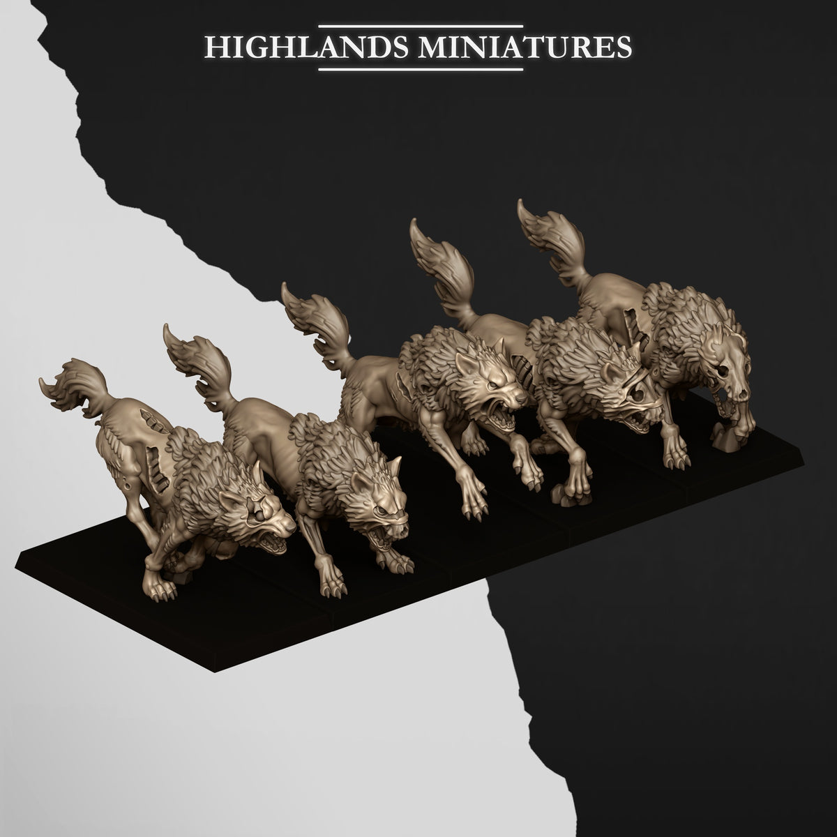Undead Wolves, all five sculpts, rear three-quarter view, Highlands Miniatures render