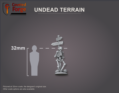 Undead Terrain wooden sign with skeleton, 32mm scale reference