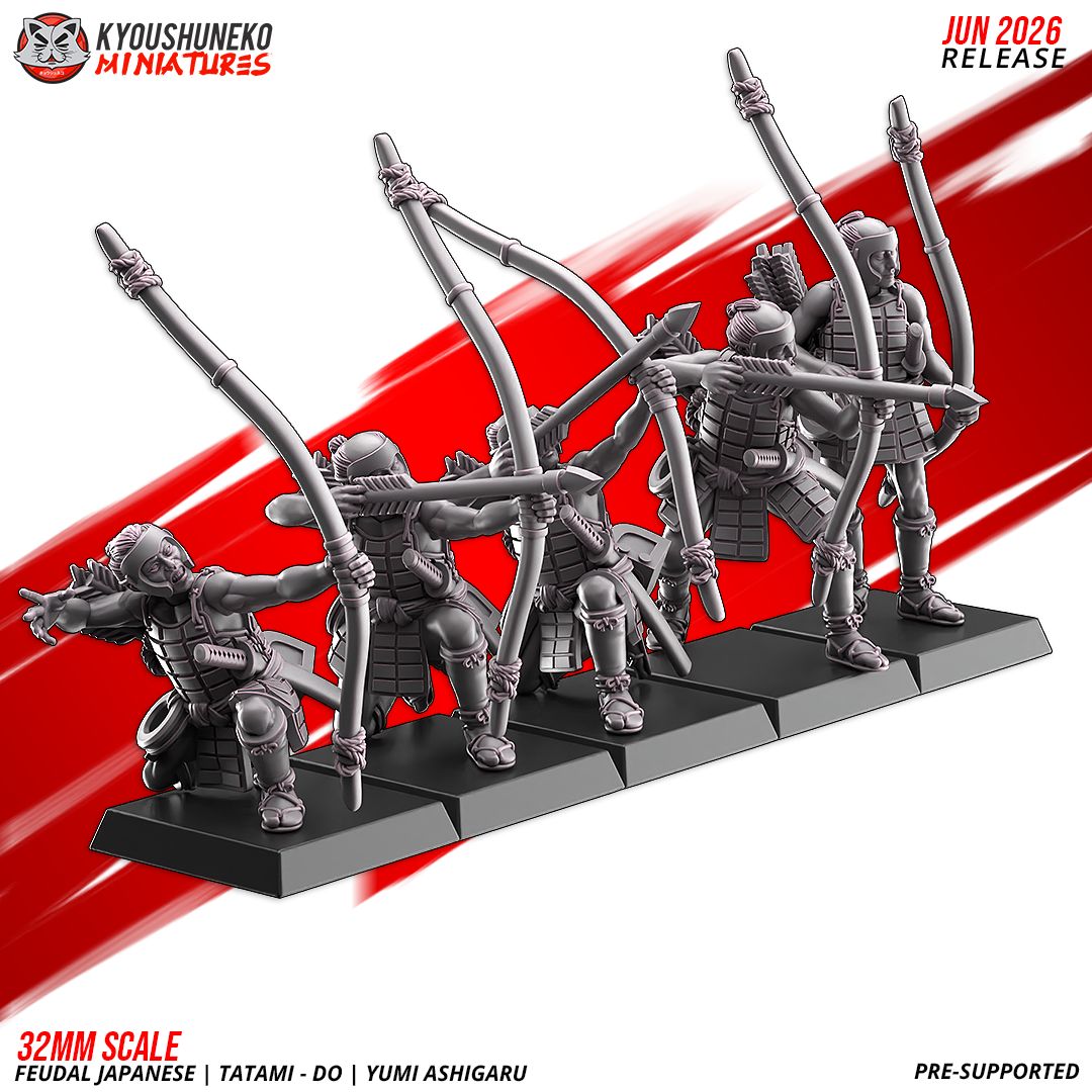 Render of Tatami-dō Ashigaru Bowmen by Kyoushuneko, 28-32mm: Feudal Japanese yumi archer ashigaru by Kyoushuneko, 28-32mm resin printed to order. Samurai levy missile infantry, proxy for Test of Honour.