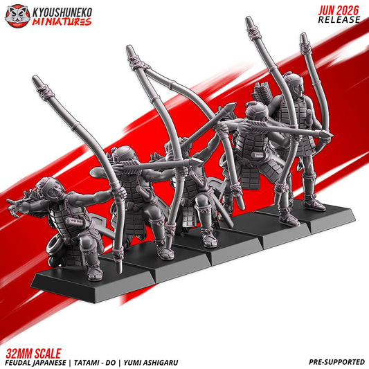Render of Tatami-dō Ashigaru Bowmen by Kyoushuneko, 28-32mm: Feudal Japanese yumi archer ashigaru by Kyoushuneko, 28-32mm resin printed to order. Samurai levy missile infantry, proxy for Test of Honour.