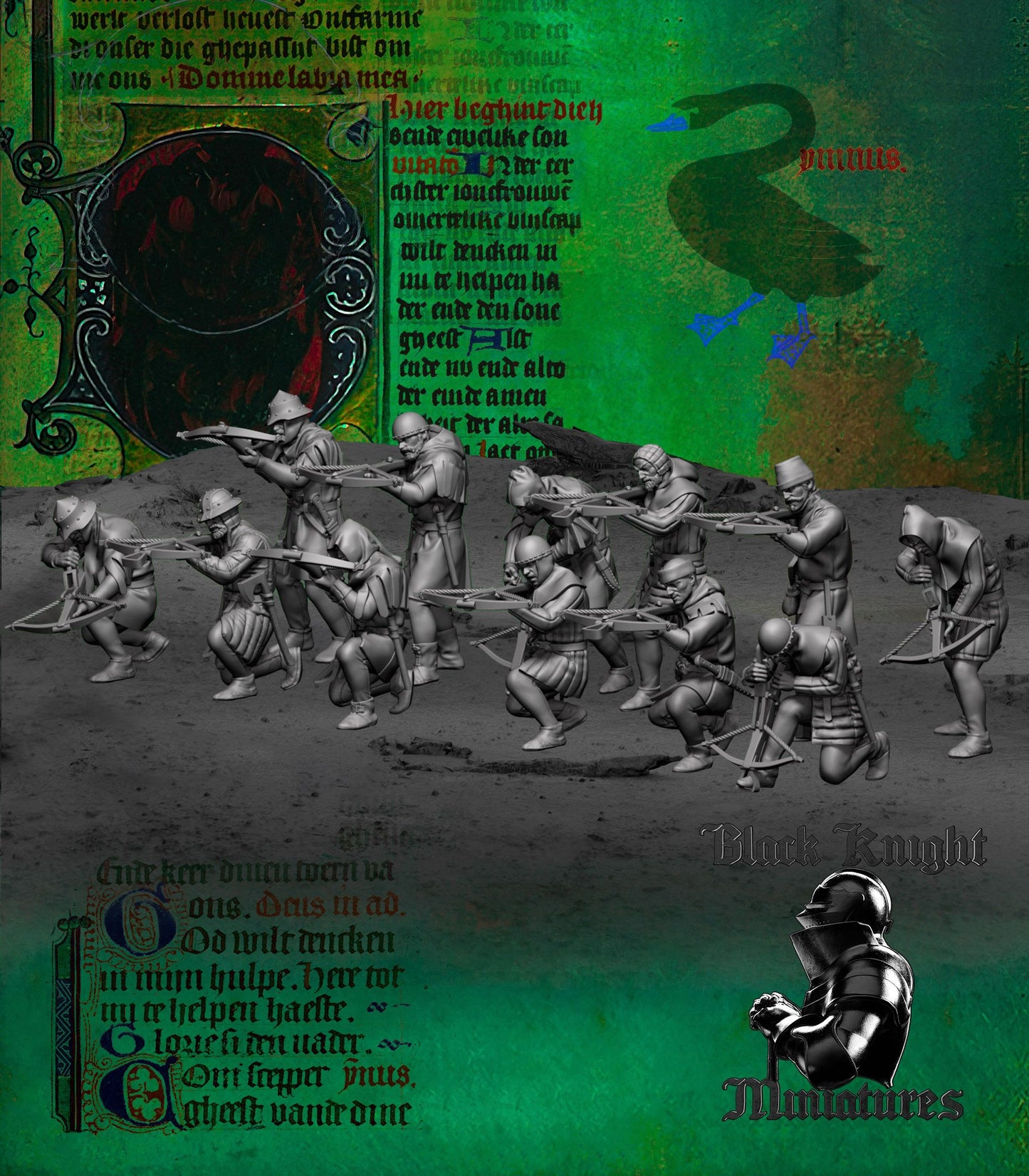 Render of Hussite Crossbowmen | 15th Century Hussite Miniatures: Twelve early-15th-century Hussite crossbowmen in front and rear rank variants. 28-32mm historical wargaming miniatures, 3D printed to order in resin.