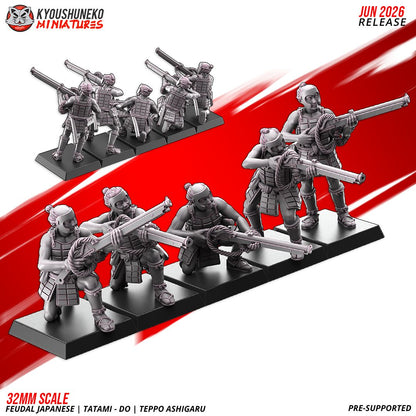 Render of Tatami-dō Ashigaru Musketmen by Kyoushuneko, 28-32mm: Feudal Japanese teppo matchlock ashigaru by Kyoushuneko, 28-32mm resin printed to order. Samurai levy gunners, proxy for Test of Honour.