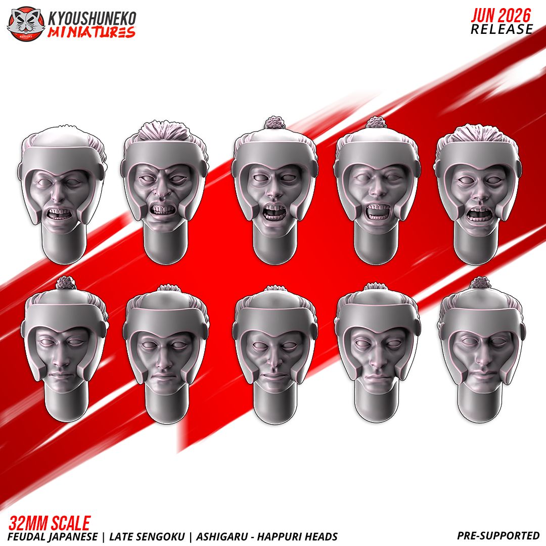 Ten unique happuri jaw-armor heads for feudal Japanese ashigaru, 3D printed resin bits by Kyoushuneko Miniatures