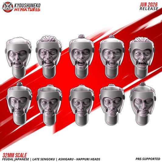 Ten unique happuri jaw-armor heads for feudal Japanese ashigaru, 3D printed resin bits by Kyoushuneko Miniatures