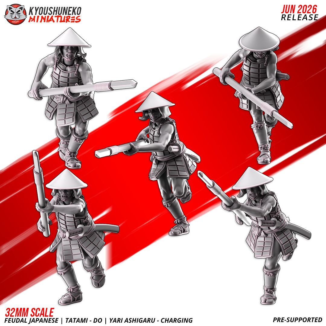 Render of Tatami-dō Ashigaru Spearmen by Kyoushuneko, 28-32mm: Feudal Japanese yari spear ashigaru by Kyoushuneko, 28-32mm resin printed to order. Samurai levy line infantry, proxy for Test of Honour.