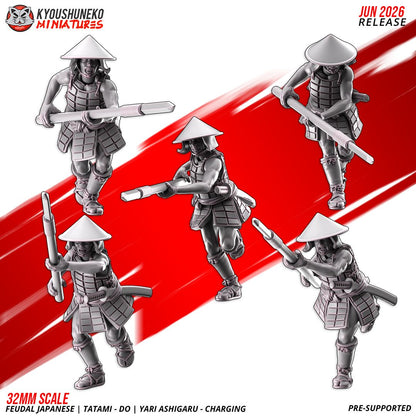 Render of Tatami-dō Ashigaru Spearmen by Kyoushuneko, 28-32mm: Feudal Japanese yari spear ashigaru by Kyoushuneko, 28-32mm resin printed to order. Samurai levy line infantry, proxy for Test of Honour.