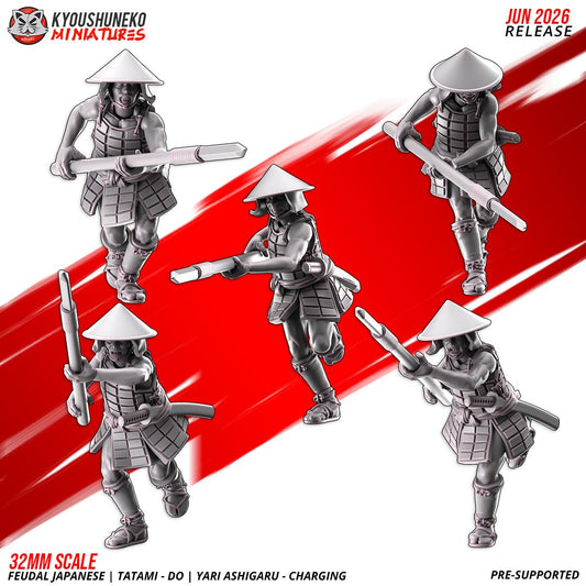 Render of Tatami-dō Ashigaru Spearmen by Kyoushuneko, 28-32mm: Feudal Japanese yari spear ashigaru by Kyoushuneko, 28-32mm resin printed to order. Samurai levy line infantry, proxy for Test of Honour.