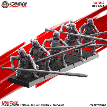 Render of Tatami-dō Ashigaru Spearmen by Kyoushuneko, 28-32mm: Feudal Japanese yari spear ashigaru by Kyoushuneko, 28-32mm resin printed to order. Samurai levy line infantry, proxy for Test of Honour.