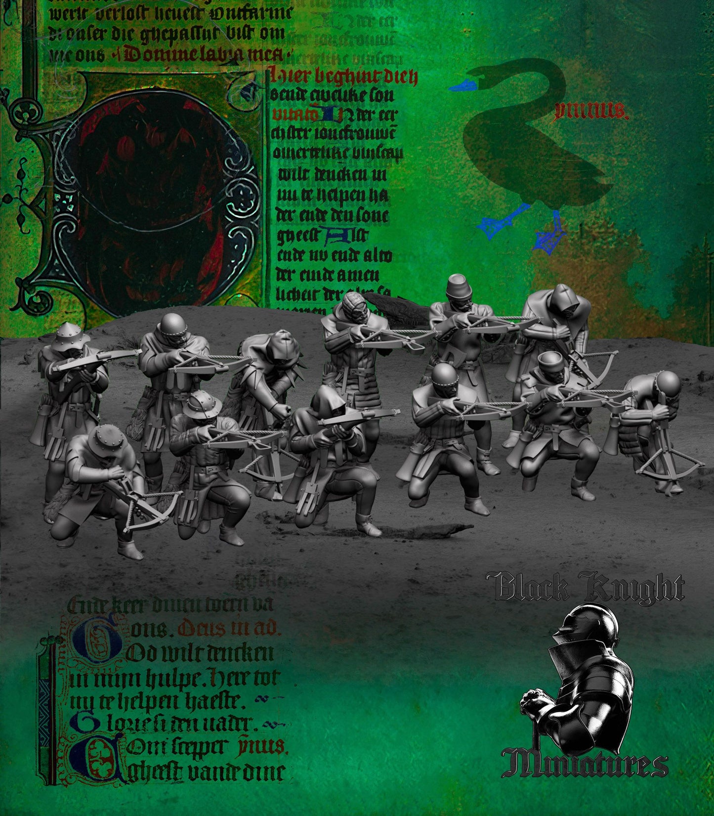 Render of Hussite Crossbowmen | 15th Century Hussite Miniatures: Twelve early-15th-century Hussite crossbowmen in front and rear rank variants. 28-32mm historical wargaming miniatures, 3D printed to order in resin.