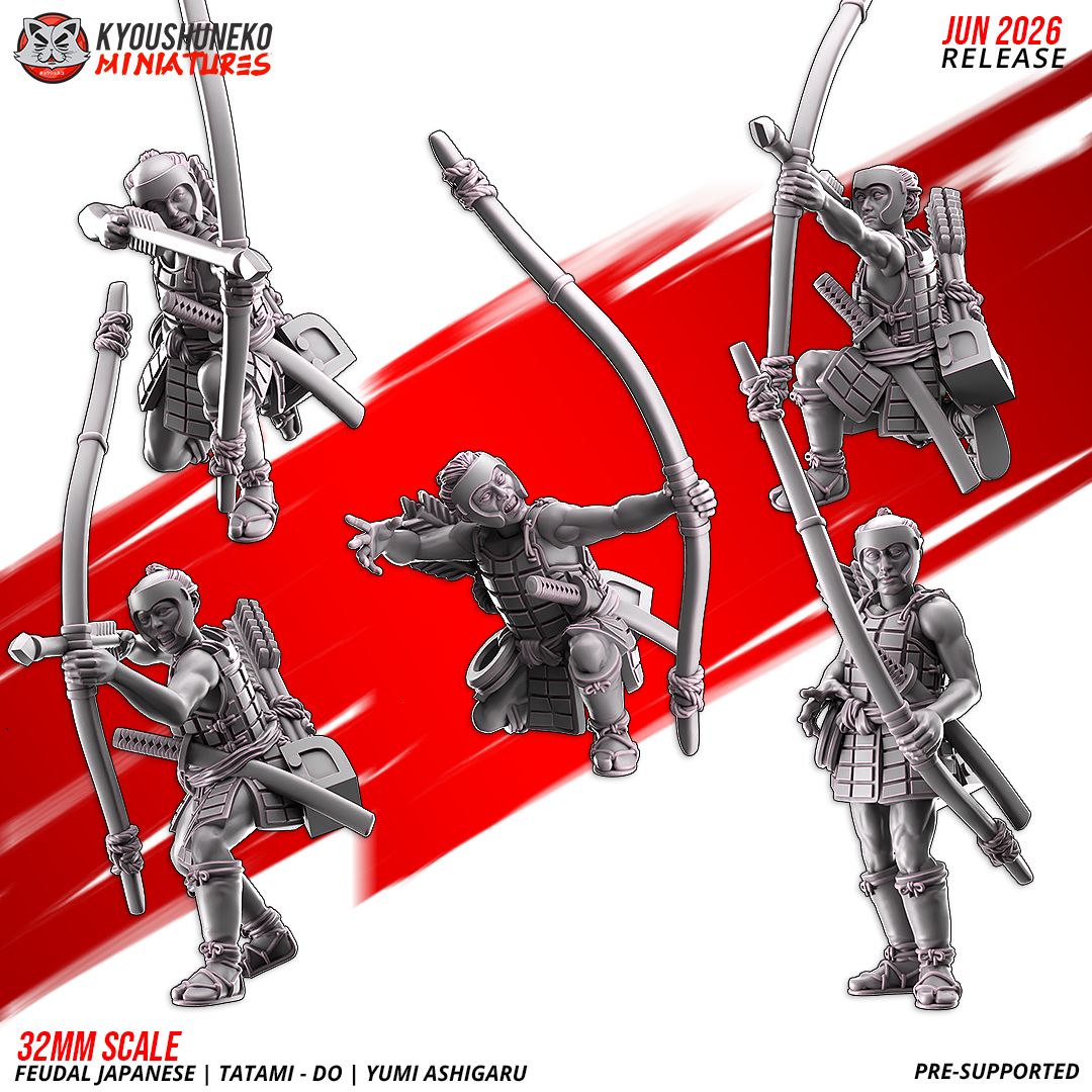 Render of Tatami-dō Ashigaru Bowmen by Kyoushuneko, 28-32mm: Feudal Japanese yumi archer ashigaru by Kyoushuneko, 28-32mm resin printed to order. Samurai levy missile infantry, proxy for Test of Honour.