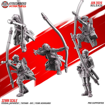 Render of Tatami-dō Ashigaru Bowmen by Kyoushuneko, 28-32mm: Feudal Japanese yumi archer ashigaru by Kyoushuneko, 28-32mm resin printed to order. Samurai levy missile infantry, proxy for Test of Honour.