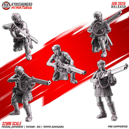 Render of Tatami-dō Ashigaru Musketmen by Kyoushuneko, 28-32mm: Feudal Japanese teppo matchlock ashigaru by Kyoushuneko, 28-32mm resin printed to order. Samurai levy gunners, proxy for Test of Honour.
