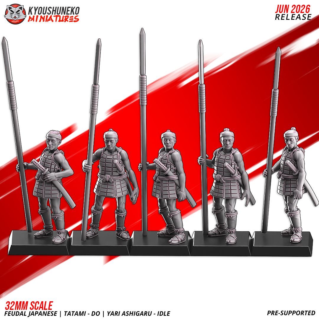 Render of Tatami-dō Ashigaru Spearmen by Kyoushuneko, 28-32mm: Feudal Japanese yari spear ashigaru by Kyoushuneko, 28-32mm resin printed to order. Samurai levy line infantry, proxy for Test of Honour.