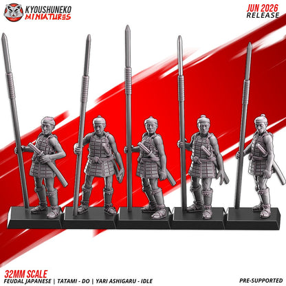 Render of Tatami-dō Ashigaru Spearmen by Kyoushuneko, 28-32mm: Feudal Japanese yari spear ashigaru by Kyoushuneko, 28-32mm resin printed to order. Samurai levy line infantry, proxy for Test of Honour.