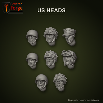 US Heads by Kyoushuneko Miniatures: 8 heads across all 3 styles (Infantry (Steel Helmets), Infantry (Netted Helmets) and Officer and Tank Commander) in warm clay on a dark olive-drab backdrop, unpainted 3D-printed resin heads with neck pegs for 28mm, 32mm and 35mm conversions.