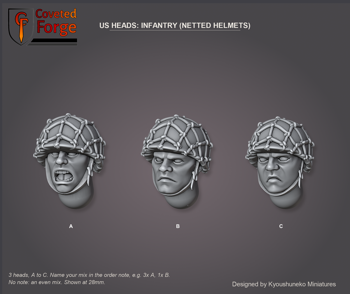 Coveted Forge bits sheet: Heads (2 of 3), US Heads Infantry (Netted Helmets) style guide, 3 different heads lettered A to C to name in the order note, shown at 28mm, resin heads by Kyoushuneko Miniatures.