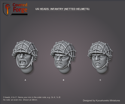 Coveted Forge bits sheet: Heads (2 of 3), US Heads Infantry (Netted Helmets) style guide, 3 different heads lettered A to C to name in the order note, shown at 28mm, resin heads by Kyoushuneko Miniatures.