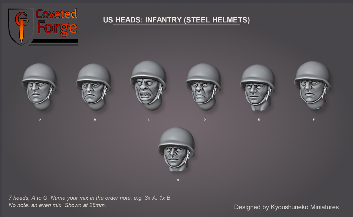 Coveted Forge bits sheet: Heads (1 of 3), US Heads Infantry (Steel Helmets) style guide, 7 different heads lettered A to G to name in the order note, shown at 28mm, resin heads by Kyoushuneko Miniatures.