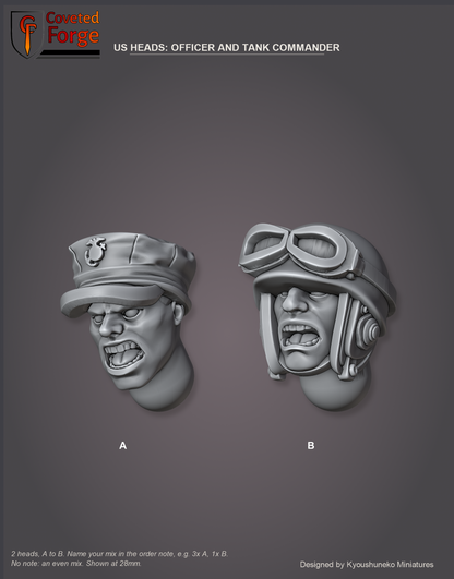 Coveted Forge bits sheet: Heads (3 of 3), US Heads Officer and Tank Commander style guide, 2 different heads lettered A to B to name in the order note, shown at 28mm, resin heads by Kyoushuneko Miniatures.